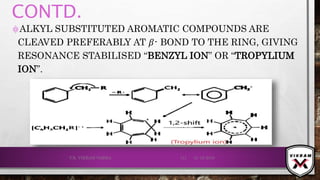 CONTD.
۞ALKYL SUBSTITUTED AROMATIC COMPOUNDS ARE
CLEAVED PREFERABLY AT 𝛽- BOND TO THE RING, GIVING
RESONANCE STABILISED “BENZYL ION” OR “TROPYLIUM
ION”.
21-12-2019V.K. VIKRAM VARMA 111
 