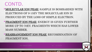 CONTD.
•MOLECULAR ION PEAK: SAMPLE IS BOMBARDED WITH
ELECTRONS OF 9-15EV THE MOLECULAR ION IS
PRODUCED BY THE LOSS OF SIMPLE ELECTRON.
•FRAGMENT ION PEAK: ENERGY IS GIVEN FURTHER
MORE UP TO 70EV. FRAGMENTS WHICH HAS LOWER
MASS NUMBER.
•REARRANGEMENT ION PEAK: RECOMBINATION OF
FRAGMENT ION.
21-12-2019V.K. VIKRAM VARMA 127
 