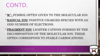 CONTD.
• 𝐌+
: SYMBOL OFTEN GIVEN TO THE MOLECULAR ION.
•RADICAL ION: POSITIVE CHARGED SPECIES WITH AN
ODD NUMBER OF ELECTRONS.
•FRAGMENT ION: LIGHTER CATIONS FORMED BY THE
DECOMPOSITION OF THE MOLECULAR ION. THESE
OFTEN CORRESPOND TO STABLE CARBOCATIONS.
21-12-2019V.K. VIKRAM VARMA 13
 