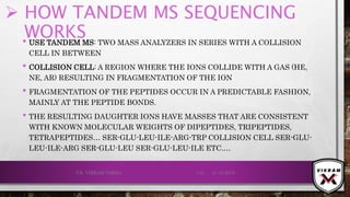  HOW TANDEM MS SEQUENCING
WORKS• USE TANDEM MS: TWO MASS ANALYZERS IN SERIES WITH A COLLISION
CELL IN BETWEEN
• COLLISION CELL: A REGION WHERE THE IONS COLLIDE WITH A GAS (HE,
NE, AR) RESULTING IN FRAGMENTATION OF THE ION
• FRAGMENTATION OF THE PEPTIDES OCCUR IN A PREDICTABLE FASHION,
MAINLY AT THE PEPTIDE BONDS.
• THE RESULTING DAUGHTER IONS HAVE MASSES THAT ARE CONSISTENT
WITH KNOWN MOLECULAR WEIGHTS OF DIPEPTIDES, TRIPEPTIDES,
TETRAPEPTIDES… SER-GLU-LEU-ILE-ARG-TRP COLLISION CELL SER-GLU-
LEU-ILE-ARG SER-GLU-LEU SER-GLU-LEU-ILE ETC.…
21-12-2019V.K. VIKRAM VARMA 134
 