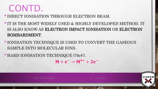 CONTD.
•DIRECT IONISATION THROUGH ELECTRON BEAM.
•IT IS THE MOST WIDELY USED & HIGHLY DEVELOPED METHOD. IT
IS ALSO KNOW AS ELECTRON IMPACT IONISATION OR ELECTRON
BOMBARDMENT.
•IONISATION TECHNIQUE IS USED TO CONVERT THE GASEOUS
SAMPLE INTO MOLECULAR IONS.
•HARD IONISATION TECHNIQUE (70𝑒𝑉).
𝐌 + ⅇ− → 𝐌⦁+ + 𝟐ⅇ−
21-12-2019V.K. VIKRAM VARMA 28
 