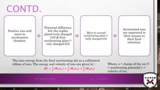 CONTD.
21-12-2019V.K. VIKRAM VARMA 30
Positive ions will
move to
acceleration
chamber.
Potential difference
b/w the repller
plate(+vely charged
G3) & first
accelerating plate (-
vely charged G4)
Move to second
accelerating plate (-
vely charged G5)
Accelerated ions
are separated to
their masses to
their final
velocities.
The ions emerge from the final accelerating slit as a collimated
ribbon of ions. The energy and velocity of ions are given by :
𝒁𝑽 =
𝟏
𝟐
𝑴 𝟏 𝒗 𝟏 =
𝟏
𝟐
𝑴 𝟐 𝒗 𝟐 =
𝟏
𝟐
𝑴 𝟑 𝒗 𝟑
Where, z = charge of the ion V
= accelerating potential v =
velocity of ion.
 