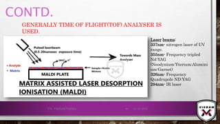 CONTD.
21-12-2019V.K. VIKRAM VARMA 48
Laser beams:
337nm- nitrogen laser of UV
range.
355nm- Frequency tripled
Nd:YAG
(Neodynium:Yterium:Alumini
um:Garnet)
326nm- Frequency
Quadrupole ND:YAG
294nm- IR laser
GENERALLY TIME OF FLIGHT(TOF) ANALYSER IS
USED.
 