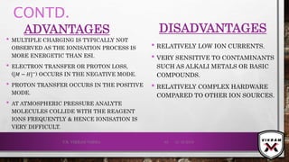 CONTD.
ADVANTAGES
• MULTIPLE CHARGING IS TYPICALLY NOT
OBSERVED AS THE IONISATION PROCESS IS
MORE ENERGETIC THAN ESI.
• ELECTRON TRANSFER OR PROTON LOSS,
([𝑀 − 𝐻]−
) OCCURS IN THE NEGATIVE MODE.
• PROTON TRANSFER OCCURS IN THE POSITIVE
MODE.
• AT ATMOSPHERIC PRESSURE ANALYTE
MOLECULES COLLIDE WITH THE REAGENT
IONS FREQUENTLY & HENCE IONISATION IS
VERY DIFFICULT.
DISADVANTAGES
• RELATIVELY LOW ION CURRENTS.
• VERY SENSITIVE TO CONTAMINANTS
SUCH AS ALKALI METALS OR BASIC
COMPOUNDS.
• RELATIVELY COMPLEX HARDWARE
COMPARED TO OTHER ION SOURCES.
21-12-2019V.K. VIKRAM VARMA 63
 