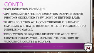 CONTD.
•SOFT IONISATION TECHNIQUE.
•APPI SIMILAR TO APCI, BUT IONISATION IN APPI IS DUE TO
PHOTONS GENERATED BY UV LIGHT OF KRYPTON LAMP.
•SAMPLE SOLUTION WILL COME THROUGH THE HEATED
CAPILLARY & SPRAYED DROPLETS WILL BE FORMED DUE TO
NEBULISING GAS(𝑁2).
•DESOLVATION GAS(𝑁2) WILL BE SUPPLIED WHICH WILL
CONVERT THE SPRAYED DROPLETS INTO THE FORM OF
VAPOURS OF ANALYTE & SOLVENT.
21-12-2019V.K. VIKRAM VARMA 66
 