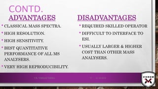 CONTD.
ADVANTAGES
•CLASSICAL MASS SPECTRA.
•HIGH RESOLUTION.
•HIGH SENSITIVITY.
•BEST QUANTITATIVE
PERFORMANCE OF ALL MS
ANALYSERS.
•VERY HIGH REPRODUCIBILITY.
DISADVANTAGES
•REQUIRED SKILLED OPERATOR
•DIFFICULT TO INTERFACE TO
ESI.
•USUALLY LARGER & HIGHER
COST THAN OTHER MASS
ANALYSERS.
21-12-2019V.K. VIKRAM VARMA 77
 