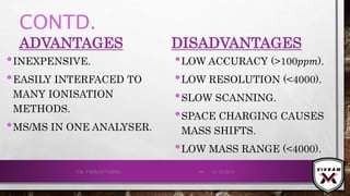 CONTD.
ADVANTAGES
•INEXPENSIVE.
•EASILY INTERFACED TO
MANY IONISATION
METHODS.
•MS/MS IN ONE ANALYSER.
DISADVANTAGES
•LOW ACCURACY (>100𝑝𝑝𝑚).
•LOW RESOLUTION (<4000).
•SLOW SCANNING.
•SPACE CHARGING CAUSES
MASS SHIFTS.
•LOW MASS RANGE (<4000).
21-12-2019V.K. VIKRAM VARMA 89
 