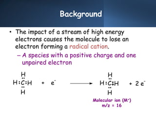 Background
• The impact of a stream of high energy
electrons causes the molecule to lose an
electron forming a radical cation.
– A species with a positive charge and one
unpaired electron
+ e
-
C H
H
H
H H
H
H
H
C + 2 e
-
Molecular ion (M+)
m/z = 16
 