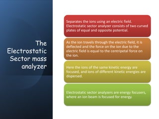 The
Electrostatic
Sector mass
analyzer
Separates the ions using an electric field.
Electrostatic sector analyzer consists of two curved
plates of equal and opposite potential.
As the ion travels through the electric field, it is
deflected and the force on the ion due to the
electric field is equal to the centripetal force on
the ion.
Here the ions of the same kinetic energy are
focused, and ions of different kinetic energies are
dispersed.
Electrostatic sector analyzers are energy focusers,
where an ion beam is focused for energy.
 