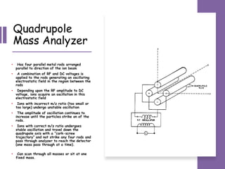 Quadrupole
Mass Analyzer
• Has four parallel metal rods arranged
parallel to direction of the ion beam
• A combination of RF and DC voltages is
applied to the rods generating an oscillating
electrostatic field in the region between the
rods
• Depending upon the RF amplitude to DC
voltage, ions acquire an oscillation in this
electrostatic field
• Ions with incorrect m/z ratio (too small or
too large) undergo unstable oscillation
• The amplitude of oscillation continues to
increase until the particles strike on of the
rods.
• Ions with correct m/z ratio undergoes
stable oscillation and travel down the
quadrupole axis with a “cork-screw
trajectory” and not strike any four rods and
pass through analyzer to reach the detector
(one mass pass through at a time).
• Can scan through all masses or sit at one
fixed mass.
 