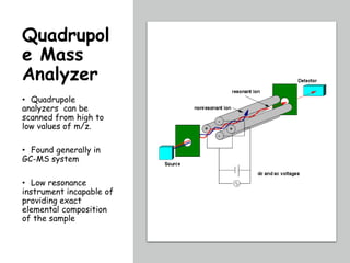 Quadrupol
e Mass
Analyzer
• Quadrupole
analyzers can be
scanned from high to
low values of m/z.
• Found generally in
GC-MS system
• Low resonance
instrument incapable of
providing exact
elemental composition
of the sample
 