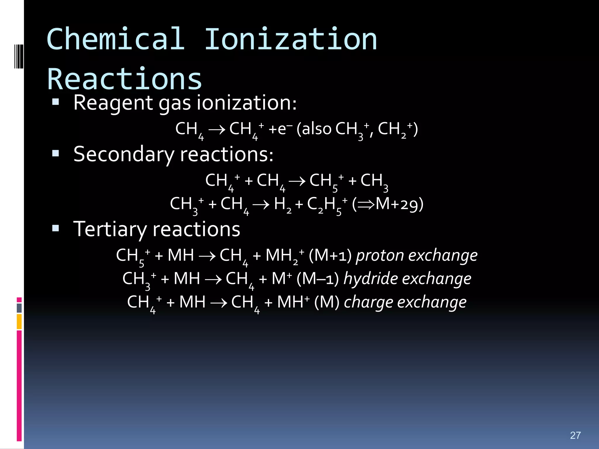 Chemical Ionization
Reactions
 Reagent gas ionization:
CH4  CH4
+ +e– (also CH3
+, CH2
+)
 Secondary reactions:
CH4
+ + CH4  CH5
+ + CH3
CH3
+ + CH4  H2 + C2H5
+ (M+29)
 Tertiary reactions
CH5
+ + MH  CH4 + MH2
+ (M+1) proton exchange
CH3
+ + MH  CH4 + M+ (M–1) hydride exchange
CH4
+ + MH  CH4 + MH+ (M) charge exchange
27
 