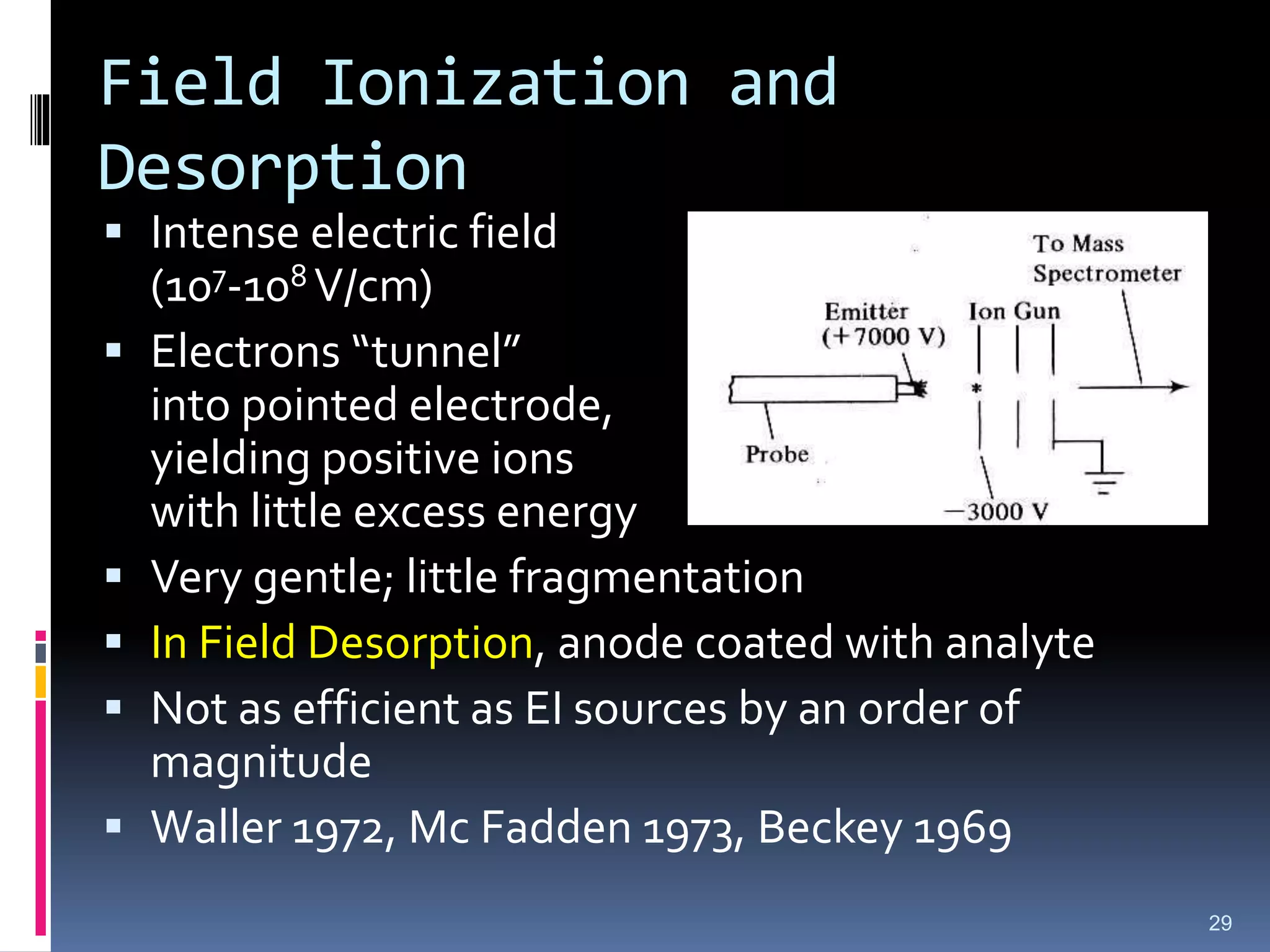 Field Ionization and
Desorption
 Intense electric field
(107-108 V/cm)
 Electrons “tunnel”
into pointed electrode,
yielding positive ions
with little excess energy
 Very gentle; little fragmentation
 In Field Desorption, anode coated with analyte
 Not as efficient as EI sources by an order of
magnitude
 Waller 1972, Mc Fadden 1973, Beckey 1969
29
 