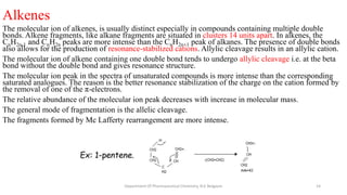 Alkenes
The molecular ion of alkenes, is usually distinct especially in compounds containing multiple double
bonds. Alkene fragments, like alkane fragments are situated in clusters 14 units apart. In alkenes, the
CnH2n-1 and CnH2n peaks are more intense than the CnH2n+1 peak of alkanes. The presence of double bonds
also allows for the production of resonance-stabilized cations. Allylic cleavage results in an allylic cation.
The molecular ion of alkene containing one double bond tends to undergo allylic cleavage i.e. at the beta
bond without the double bond and gives resonance structure.
The molecular ion peak in the spectra of unsaturated compounds is more intense than the corresponding
saturated analogues. The reason is the better resonance stabilization of the charge on the cation formed by
the removal of one of the π-electrons.
The relative abundance of the molecular ion peak decreases with increase in molecular mass.
The general mode of fragmentation is the allelic cleavage.
The fragments formed by Mc Lafferty rearrangement are more intense.
14
Department Of Pharmaceutical Chemistry, KLE Belgaum
 