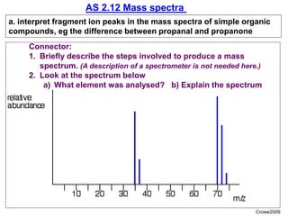 AS 2.12 Mass spectra
a. interpret fragment ion peaks in the mass spectra of simple organic
compounds, eg the difference between propanal and propanone
Crowe2009
Connector:
1. Briefly describe the steps involved to produce a mass
spectrum. (A description of a spectrometer is not needed here.)
2. Look at the spectrum below
a) What element was analysed? b) Explain the spectrum
 