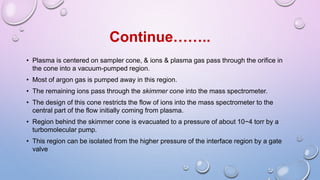 • Plasma is centered on sampler cone, & ions & plasma gas pass through the orifice in
the cone into a vacuum-pumped region.
• Most of argon gas is pumped away in this region.
• The remaining ions pass through the skimmer cone into the mass spectrometer.
• The design of this cone restricts the flow of ions into the mass spectrometer to the
central part of the flow initially coming from plasma.
• Region behind the skimmer cone is evacuated to a pressure of about 10−4 torr by a
turbomolecular pump.
• This region can be isolated from the higher pressure of the interface region by a gate
valve
Continue……..
 
