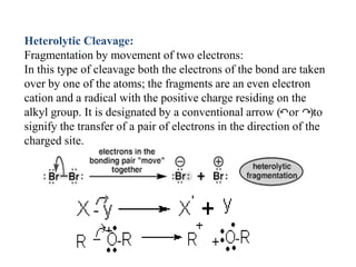 Heterolytic Cleavage:
Fragmentation by movement of two electrons:
In this type of cleavage both the electrons of the bond are taken
over by one of the atoms; the fragments are an even electron
cation and a radical with the positive charge residing on the
alkyl group. It is designated by a conventional arrow (↶or ↷)to
signify the transfer of a pair of electrons in the direction of the
charged site.
 