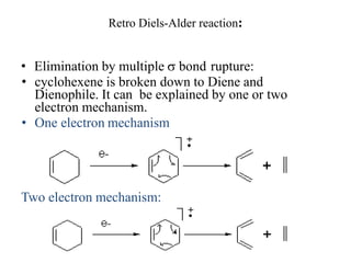 Retro Diels-Alder reaction:
• Elimination by multiple  bond rupture:
• cyclohexene is broken down to Diene and
Dienophile. It can be explained by one or two
electron mechanism.
• One electron mechanism
Two electron mechanism:
 