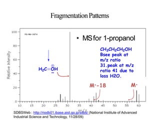 FragmentationPatterns
M+
M+-18
• MSfor 1-propanol
CH3CH2CH2OH
Bsee peak at
m/z ratio
31.peak at m/z
ratio 41 due to
loss H2O.
H2C OH
SDBSWeb : http://riodb01.ibase.aist.go.jp/sdbs/ (National Institute of Advanced
Industrial Science and Technology, 11/28/09)
 