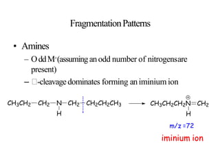 FragmentationPatterns
• Amines
– OddM+(assuminganodd number of nitrogensare
present)
– -cleavagedominates forming animinium ion
CH3CH2 CH2 N CH2 CH2CH2CH3
H
CH3CH2CH2N CH2
H
m/z =72
iminium ion
 
