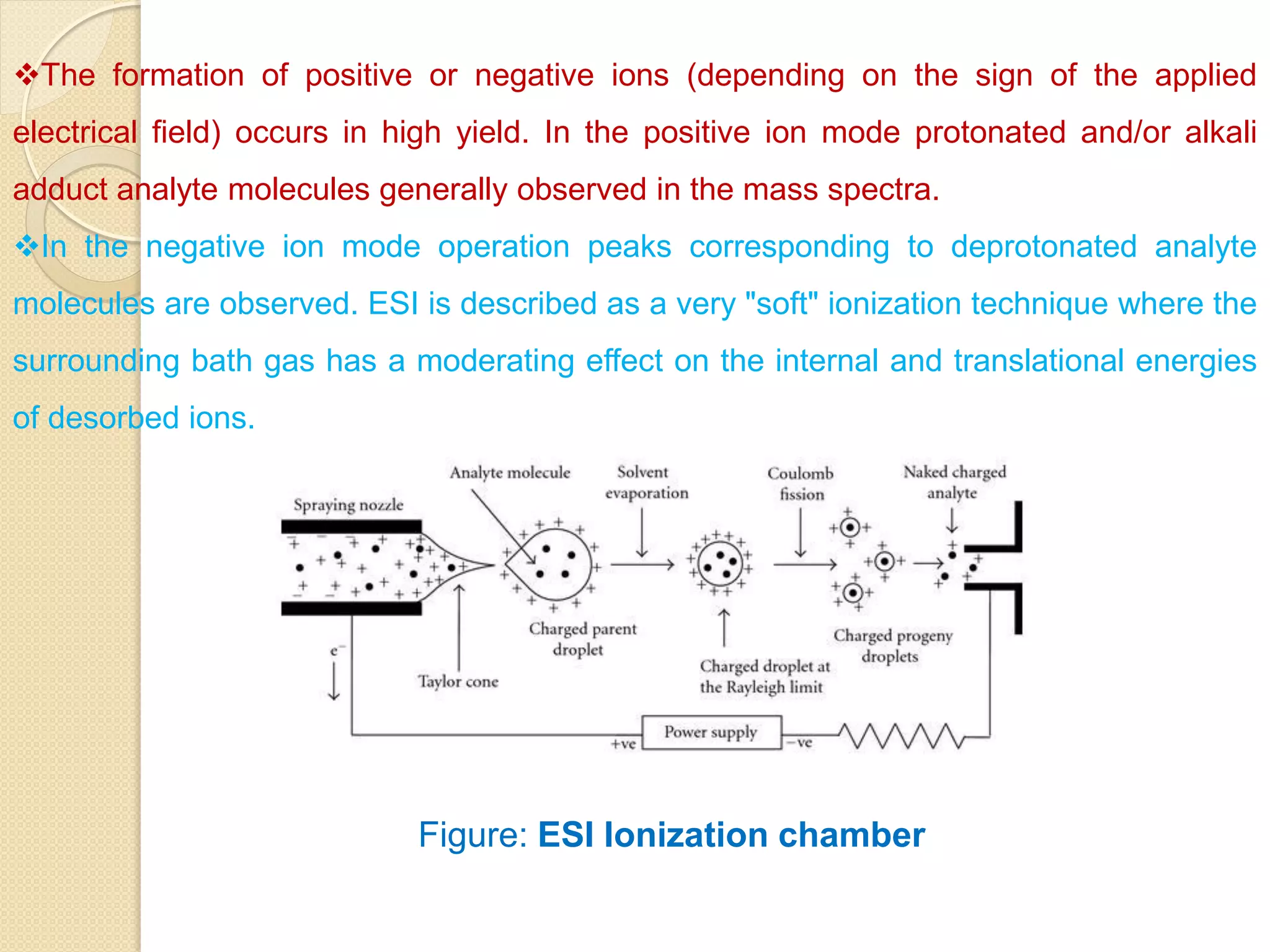 The formation of positive or negative ions (depending on the sign of the applied
electrical field) occurs in high yield. In the positive ion mode protonated and/or alkali
adduct analyte molecules generally observed in the mass spectra.
In the negative ion mode operation peaks corresponding to deprotonated analyte
molecules are observed. ESI is described as a very "soft" ionization technique where the
surrounding bath gas has a moderating effect on the internal and translational energies
of desorbed ions.
Figure: ESI Ionization chamber
 