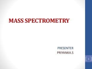 MASS SPECTROMETRY
PRESENTER
PRIYANKA.S
1
 