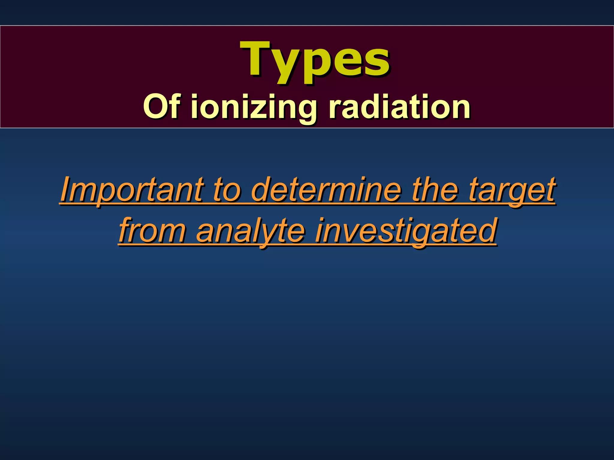 Types
Of ionizing radiation
Important to determine the target
from analyte investigated

 