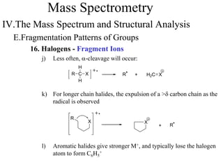 Mass Spectrometry
IV.The Mass Spectrum and Structural Analysis
E.Fragmentation Patterns of Groups
16. Halogens - Fragment Ions
j) Less often, a-cleavage will occur:
k) For longer chain halides, the expulsion of a >d carbon chain as the
radical is observed
l) Aromatic halides give stronger M+, and typically lose the halogen
atom to form C6H5
+
R +C X
H
H
H2C XR
R+
R
X X
 