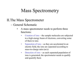 Mass Spectrometry
II.The Mass Spectrometer
– General Schematic
• A mass spectrometer needs to perform three
functions:
• Creation of ions – the sample molecules are subjected
to a high energy beam of electrons, converting some
of them to ions
• Separation of ions – as they are accelerated in an
electric field, the ions are separated according to
mass-to-charge ratio (m/z)
• Detection of ions – as each separated population of
ions is generated, the spectrometer needs to qualify
and quantify them
 
