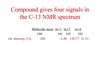 Compound gives four signals in
the C-13 NMR spectrum
Molecular mass m+1 m+2 m+4
190 191 192 194
rel. intensity (%) 100 6.48 130.77 31.81
 