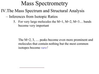 Mass Spectrometry
IV.The Mass Spectrum and Structural Analysis
– Inferences from Isotopic Ratios
5. For very large molecules the M+1, M+2, M+3… bands
become very important
The M+2, 3, … peaks become even more prominent and
molecules that contain nothing but the most common
isotopes become rare!
 