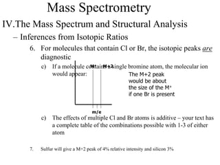 Mass Spectrometry
IV.The Mass Spectrum and Structural Analysis
– Inferences from Isotopic Ratios
6. For molecules that contain Cl or Br, the isotopic peaks are
diagnostic
c) If a molecule contains a single bromine atom, the molecular ion
would appear:
c) The effects of multiple Cl and Br atoms is additive – your text has
a complete table of the combinations possible with 1-3 of either
atom
7. Sulfur will give a M+2 peak of 4% relative intensity and silicon 3%
m/e
M+ M+2
The M+2 peak
would be about
the size of the M+
if one Br is present
 