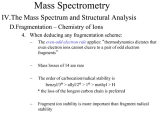 Mass Spectrometry
IV.The Mass Spectrum and Structural Analysis
D.Fragmentation – Chemistry of Ions
4. When deducing any fragmentation scheme:
– The even-odd electron rule applies: “thermodynamics dictates that
even electron ions cannot cleave to a pair of odd electron
fragments”
– Mass losses of 14 are rare
– The order of carbocation/radical stability is
benzyl/3° > allyl/2° > 1° > methyl > H
* the loss of the longest carbon chain is preferred
– Fragment ion stability is more important than fragment radical
stability
 