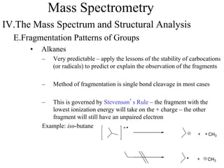 Mass Spectrometry
IV.The Mass Spectrum and Structural Analysis
E.Fragmentation Patterns of Groups
• Alkanes
– Very predictable – apply the lessons of the stability of carbocations
(or radicals) to predict or explain the observation of the fragments
– Method of fragmentation is single bond cleavage in most cases
– This is governed by Stevenson’s Rule – the fragment with the
lowest ionization energy will take on the + charge – the other
fragment will still have an unpaired electron
Example: iso-butane
CH3+
CH3+
 