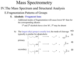 Mass Spectrometry
IV.The Mass Spectrum and Structural Analysis
E.Fragmentation Patterns of Groups
5. Alcohols– Fragment Ions
– Additional modes of fragmentation will cause lower M+ than for
the corresponding alkanes
1° and 2° alcohols have a low M+, 3° may be absent
b) The largest alkyl group is usually lost; the mode of cleavage
typically is similar for all alcohols:
primary
secondary
OH
H2C
O H+
O H
+
OH O H+
OH
m/z
31
59
45
 