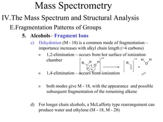 Mass Spectrometry
IV.The Mass Spectrum and Structural Analysis
E.Fragmentation Patterns of Groups
5. Alcohols– Fragment Ions
c) Dehydration (M - 18) is a common mode of fragmentation –
importance increases with alkyl chain length (>4 carbons)
» 1,2-elimination – occurs from hot surface of ionization
chamber
» 1,4-elimination – occurs from ionization
» both modes give M - 18, with the appearance and possible
subsequent fragmentation of the remaining alkene
d) For longer chain alcohols, a McLafferty type rearrangement can
produce water and ethylene (M - 18, M - 28)
O
HR H O
H
R
H
+
 