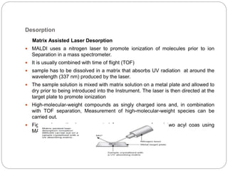 Desorption
Matrix Assisted Laser Desorption
 MALDI uses a nitrogen laser to promote ionization of molecules prior to ion
Separation in a mass spectrometer.
 It is usually combined with time of flight (TOF)
 sample has to be dissolved in a matrix that absorbs UV radiation at around the
wavelength (337 nm) produced by the laser.
 The sample solution is mixed with matrix solution on a metal plate and allowed to
dry prior to being introduced into the Instrument. The laser is then directed at the
target plate to promote ionization
 High-molecular-weight compounds as singly charged ions and, in combination
with TOF separation, Measurement of high-molecular-weight species can be
carried out.
 Figure shows the ions generated from coenzyme A and two acyl coas using
MALDITOF in negative ion mode.
 