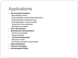 Applications
 Pharmaceutical Industry
Bioavailability studies
Drug metabolism studies,Pharmacokinetics
Characterization of potential drugs
Drug Degradation product analysis
Screening of drug candidates
Identifying drug targets
 Trace Gas Analysis
 Biomolecular characterization
Proteins and peptides
Oligonucleotides
 Environmentalanalysis
Pesicides on fodd
Soil and ground water conatmination
 Space Exploration
 Forensic Toxicology
 Archaeological Dating
 