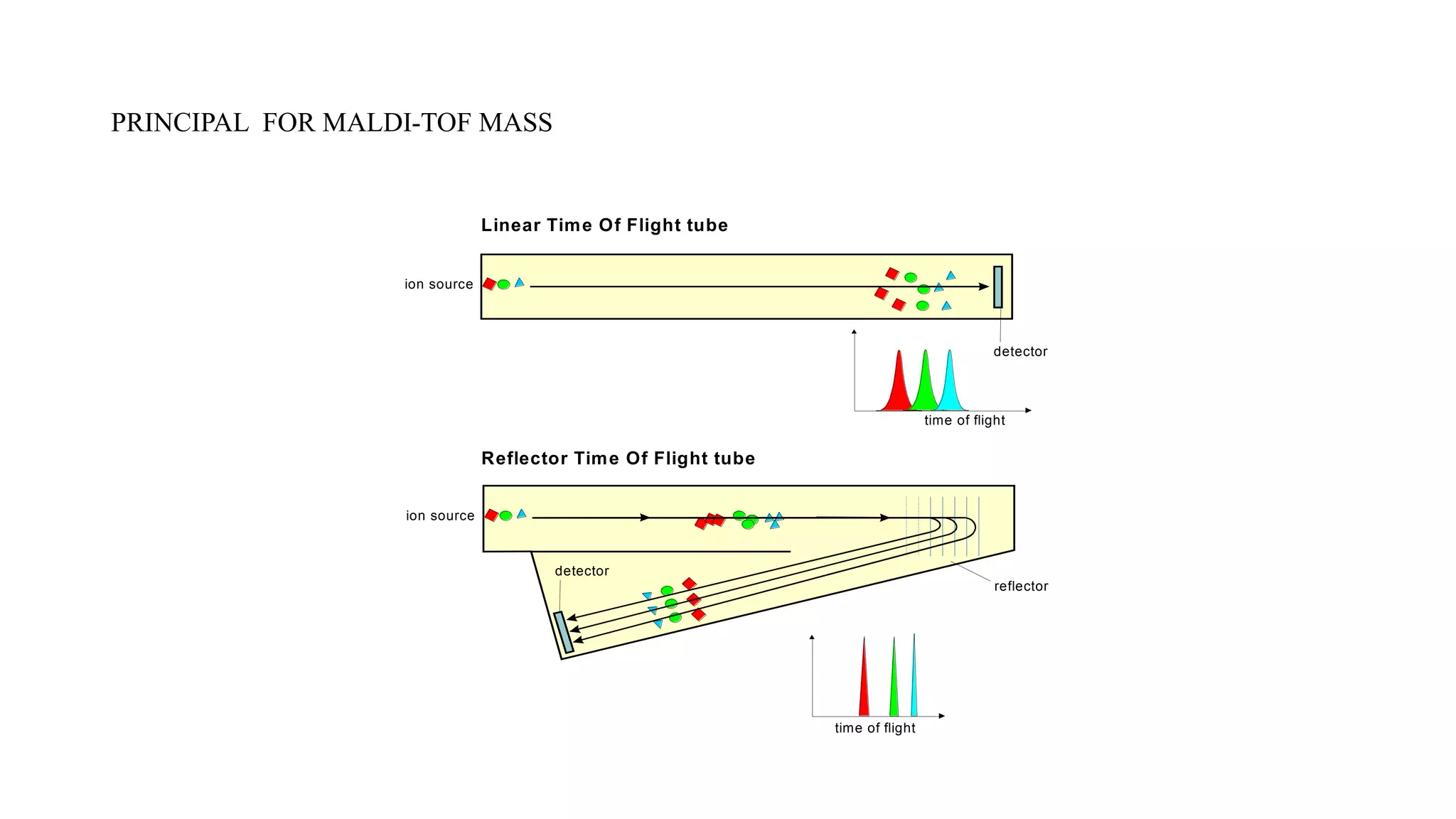 PRINCIPAL FOR MALDI-TOF MASS 
Linear Time Of Flight tube 
Reflector Time Of Flight tube 
detector 
reflector 
ion source 
ion source 
detector 
time of flight 
time of flight 
 