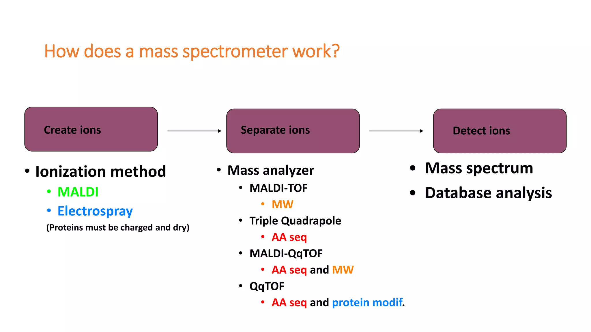 How does a mass spectrometer work? 
Create ions Separate ions Detect ions 
• Ionization method 
• MALDI 
• Electrospray 
(Proteins must be charged and dry) 
• Mass analyzer 
• MALDI-TOF 
• MW 
• Triple Quadrapole 
• AA seq 
• MALDI-QqTOF 
• AA seq and MW 
• QqTOF 
• AA seq and protein modif. 
• Mass spectrum 
• Database analysis 
 