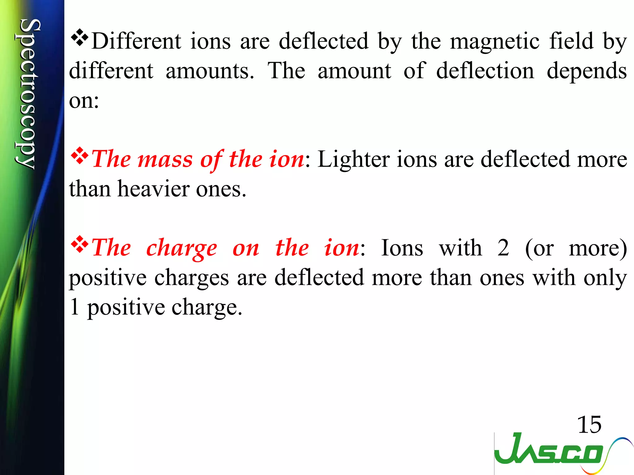 SpectroscopySpectroscopy
Different ions are deflected by the magnetic field by
different amounts. The amount of deflection depends
on:
The mass of the ion: Lighter ions are deflected more
than heavier ones.
The charge on the ion: Ions with 2 (or more)
positive charges are deflected more than ones with only
1 positive charge.
15
 