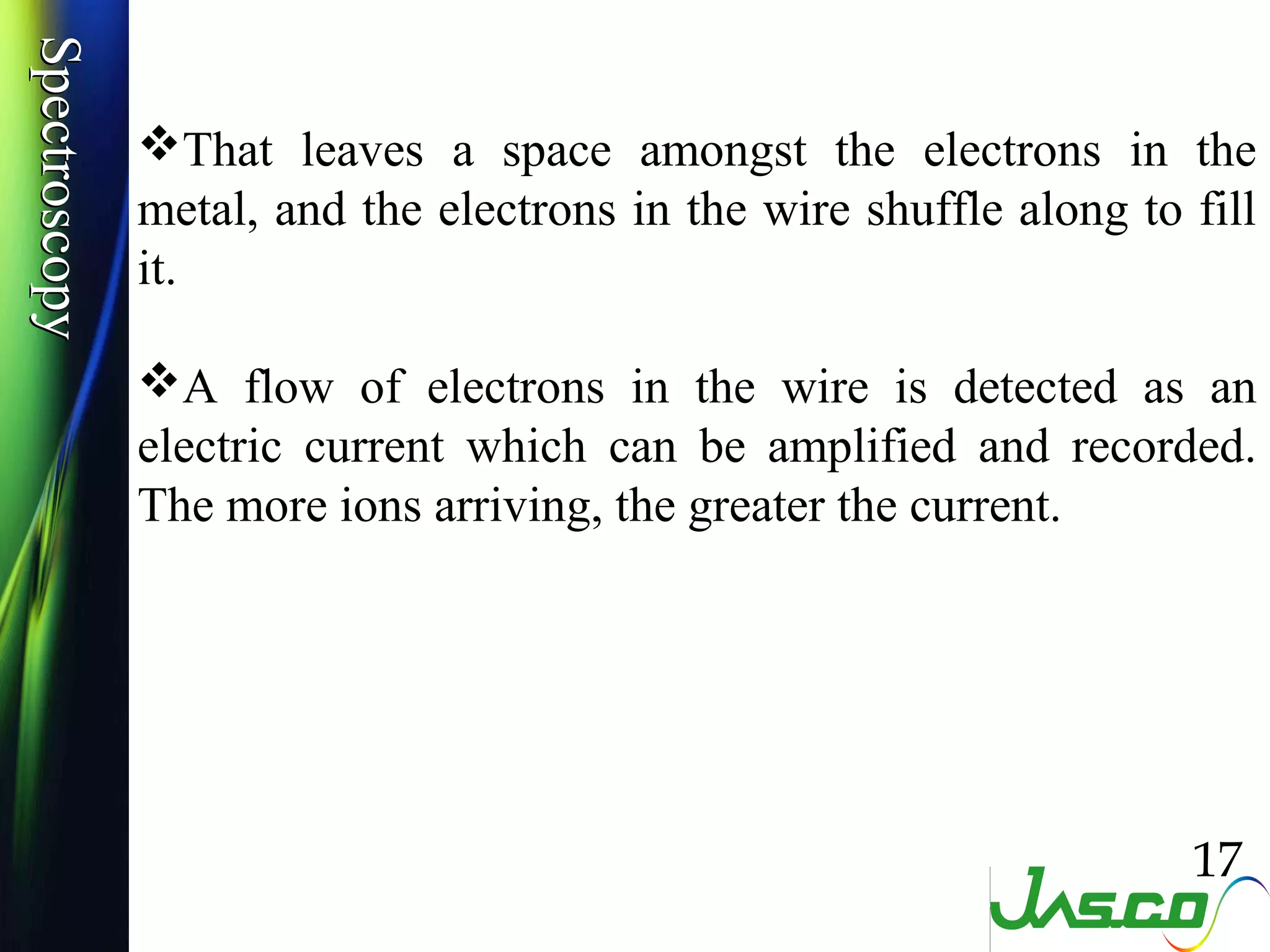 SpectroscopySpectroscopy
That leaves a space amongst the electrons in the
metal, and the electrons in the wire shuffle along to fill
it.
A flow of electrons in the wire is detected as an
electric current which can be amplified and recorded.
The more ions arriving, the greater the current.
17
 