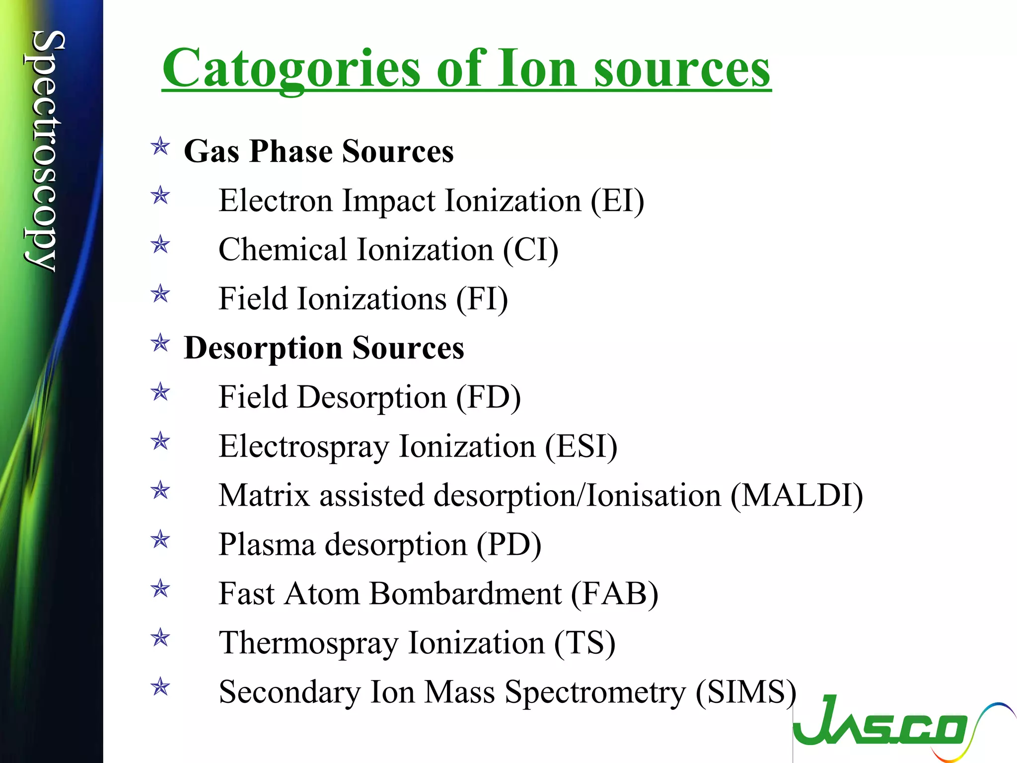SpectroscopySpectroscopy
Catogories of Ion sources
 Gas Phase Sources
 Electron Impact Ionization (EI)
 Chemical Ionization (CI)
 Field Ionizations (FI)
 Desorption Sources
 Field Desorption (FD)
 Electrospray Ionization (ESI)
 Matrix assisted desorption/Ionisation (MALDI)
 Plasma desorption (PD)
 Fast Atom Bombardment (FAB)
 Thermospray Ionization (TS)
 Secondary Ion Mass Spectrometry (SIMS)
 