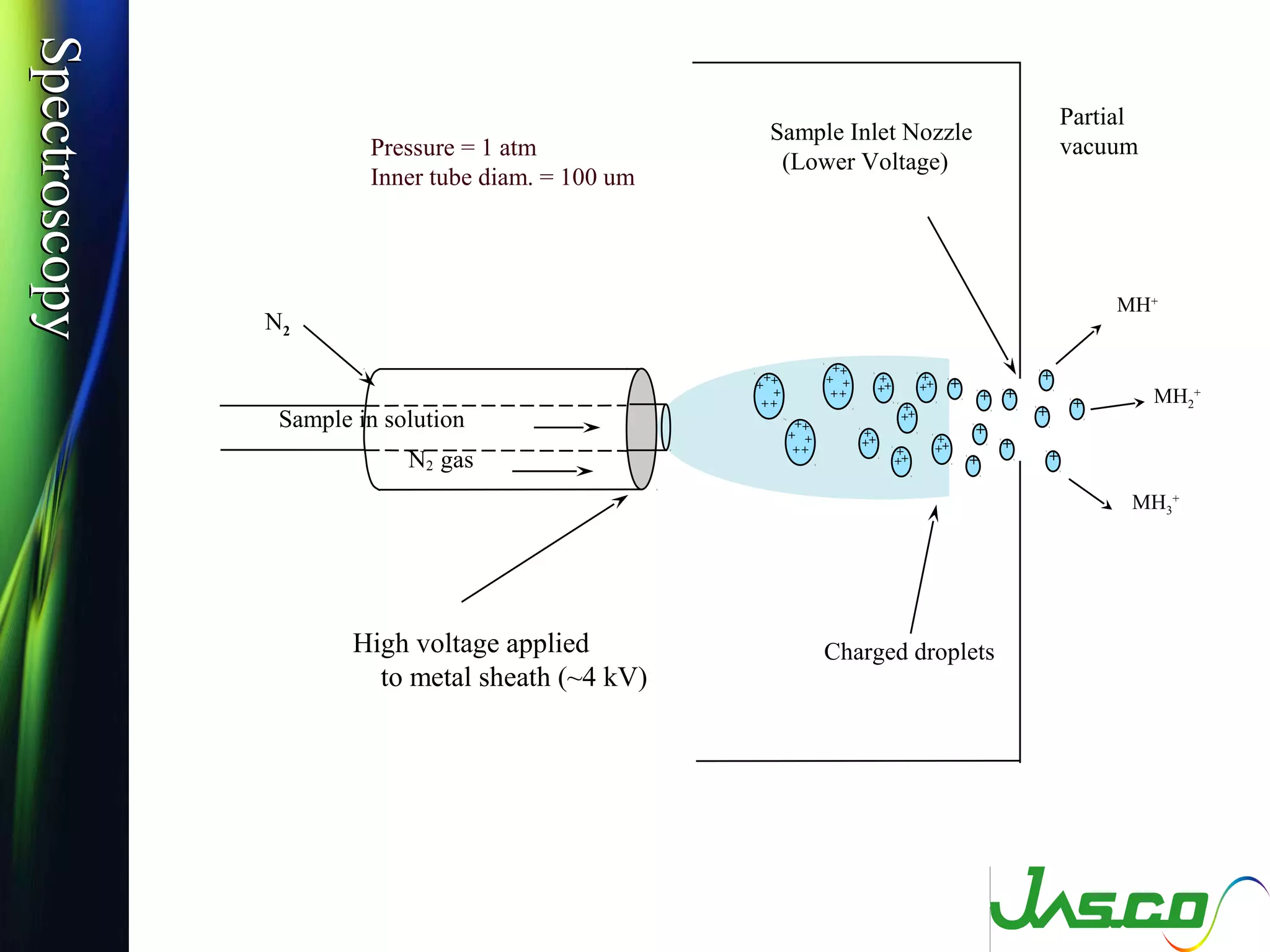 SpectroscopySpectroscopy
High voltage applied
to metal sheath (~4 kV)
Sample Inlet Nozzle
(Lower Voltage)
Charged droplets
+
+
+
+
+
+
+
+
++
+
+
+
+
++
+
+
+
++
+
++
+
++
+
+
+
+
+
+
+
+
+
+
+
++
+
++
+
+
+
MH+
MH3
+
MH2
+
Pressure = 1 atm
Inner tube diam. = 100 um
Sample in solution
N2
N2 gas
Partial
vacuum
 