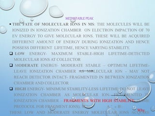 METASTABLE PEAK
 THE FATE OF MOLECULAR IONS IN MS: THE MOLECULES WILL BE
IONIZED IN IONIZATION CHAMBER ON ELECTRON IMPACTION OF 70
EV ENERGY TO GIVE MOLECULAR IONS. THESE WILL BE ACQUIRED
DIFFERENT AMOUNT OF ENERGY DURING IONIZATION AND HENCE
POSSESS DIFFERENT LIFETIME, HENCE VARYING STABILITY.
 LOW ENERGY- MAXIMUM STABLE-HIGH LIFETIME-DETECTED
MOLECULAR IONS AT COLLECTOR
 MODERATE ENERGY- MODERATE STABLE – OPTIMUM LIFETIME-
LEAVE IONIZATION CHAMBER AS MOLECULAR ION - MAY NOT
REACH DETECTOR INTACT- FRAGMENTED IN BETWEEN IONIZATION
CHAMBER AND COLLECTOR.
 HIGH ENERGY- MINIMUM STABILITY-LESS LIFETIME-DO NOT LEAVE
IONIZATION CHAMBER AS MOLECULAR ION- FRAGMENTED IN
IONIZATION CHAMBER – FRAGMENTS WITH HIGH STABILITY- (SAME
PROTOCOL FOR FRAGMENT IONS). M + ֹ A + + Bֹֹ
THESE LOW AND MODERATE ENERGY MOLECULAR IONS ACQUIRE
Why
 