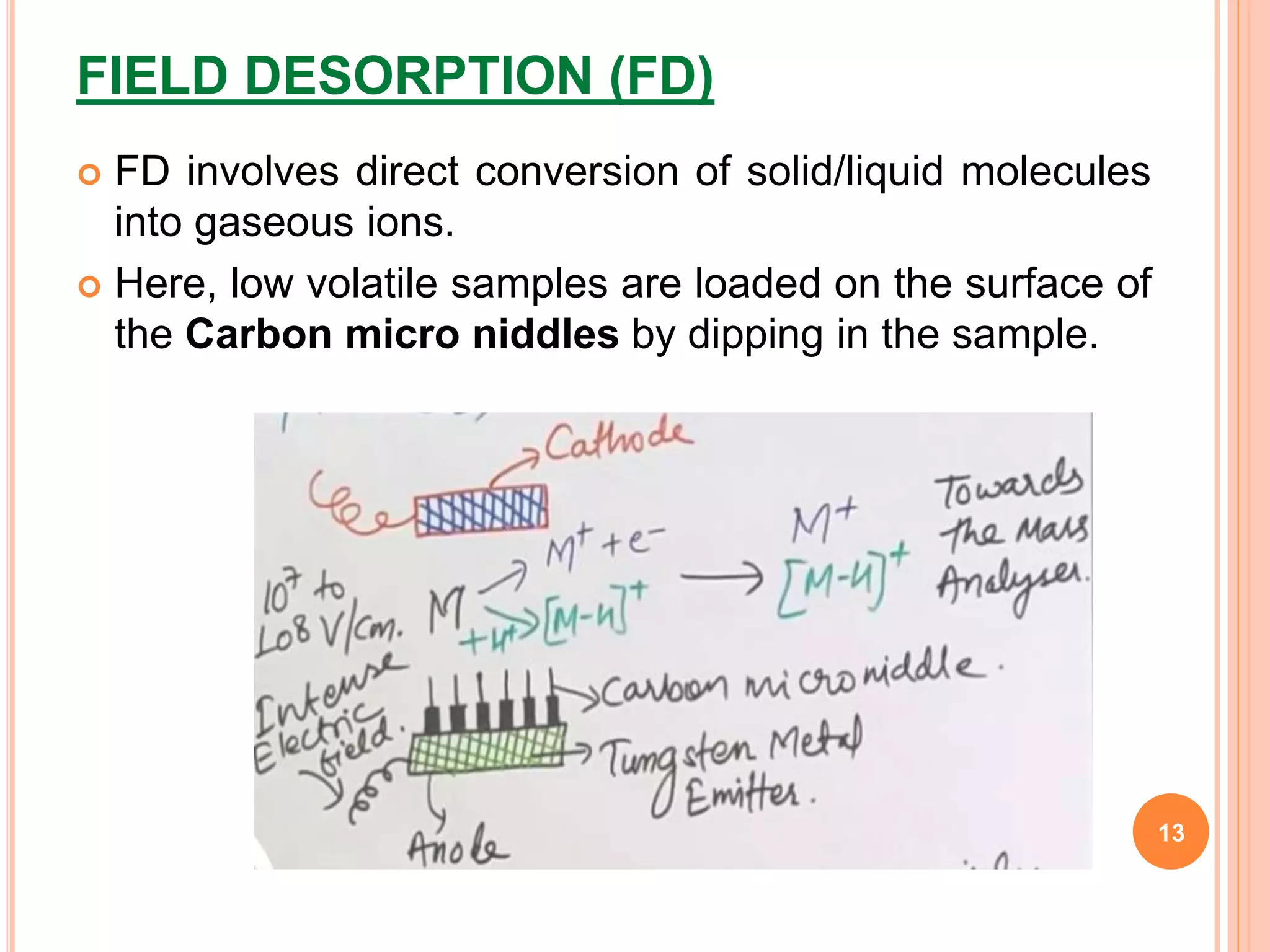 FIELD DESORPTION (FD)
 FD involves direct conversion of solid/liquid molecules
into gaseous ions.
 Here, low volatile samples are loaded on the surface of
the Carbon micro niddles by dipping in the sample.
13
 