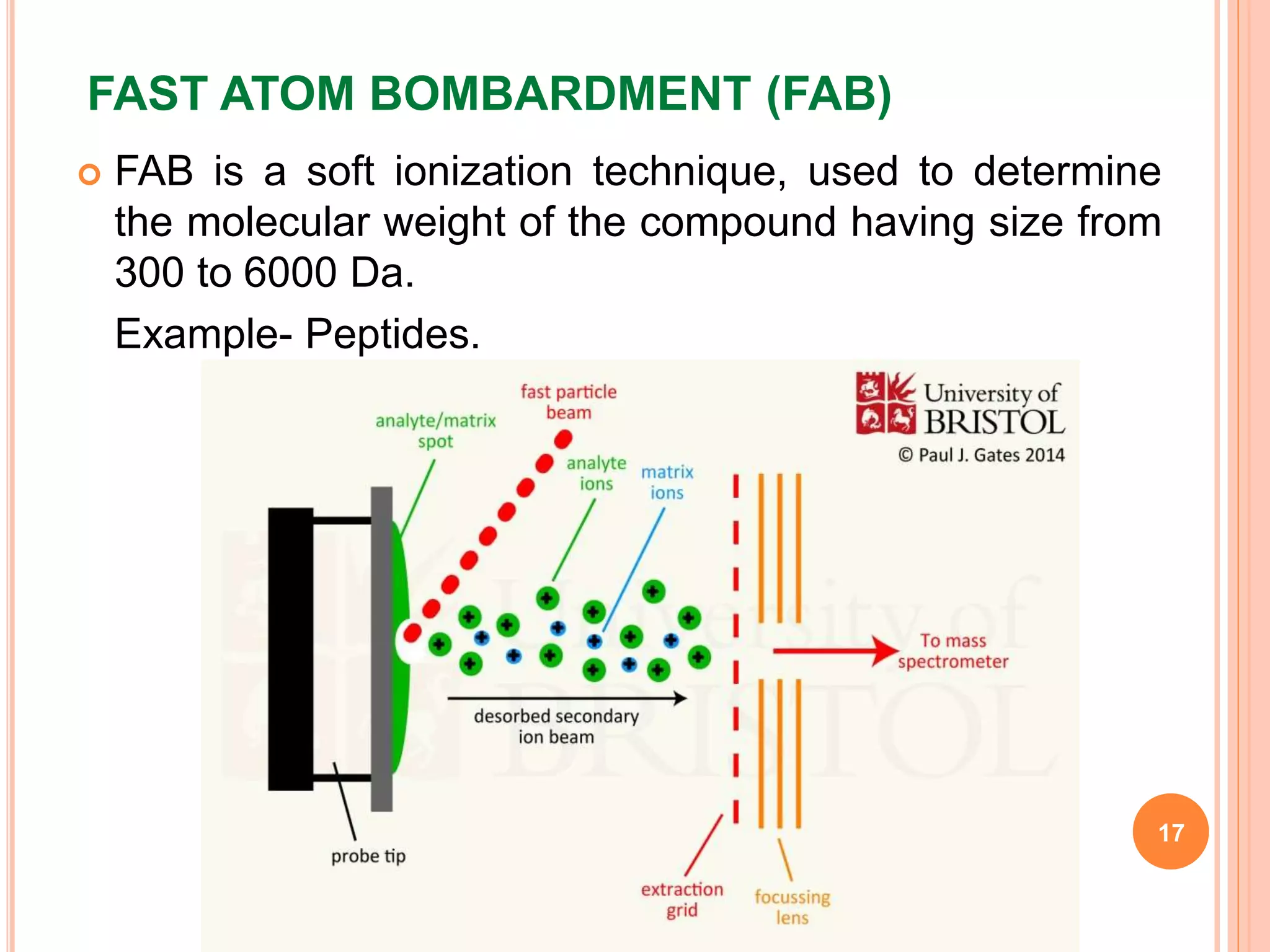 FAST ATOM BOMBARDMENT (FAB)
 FAB is a soft ionization technique, used to determine
the molecular weight of the compound having size from
300 to 6000 Da.
Example- Peptides.
17
 