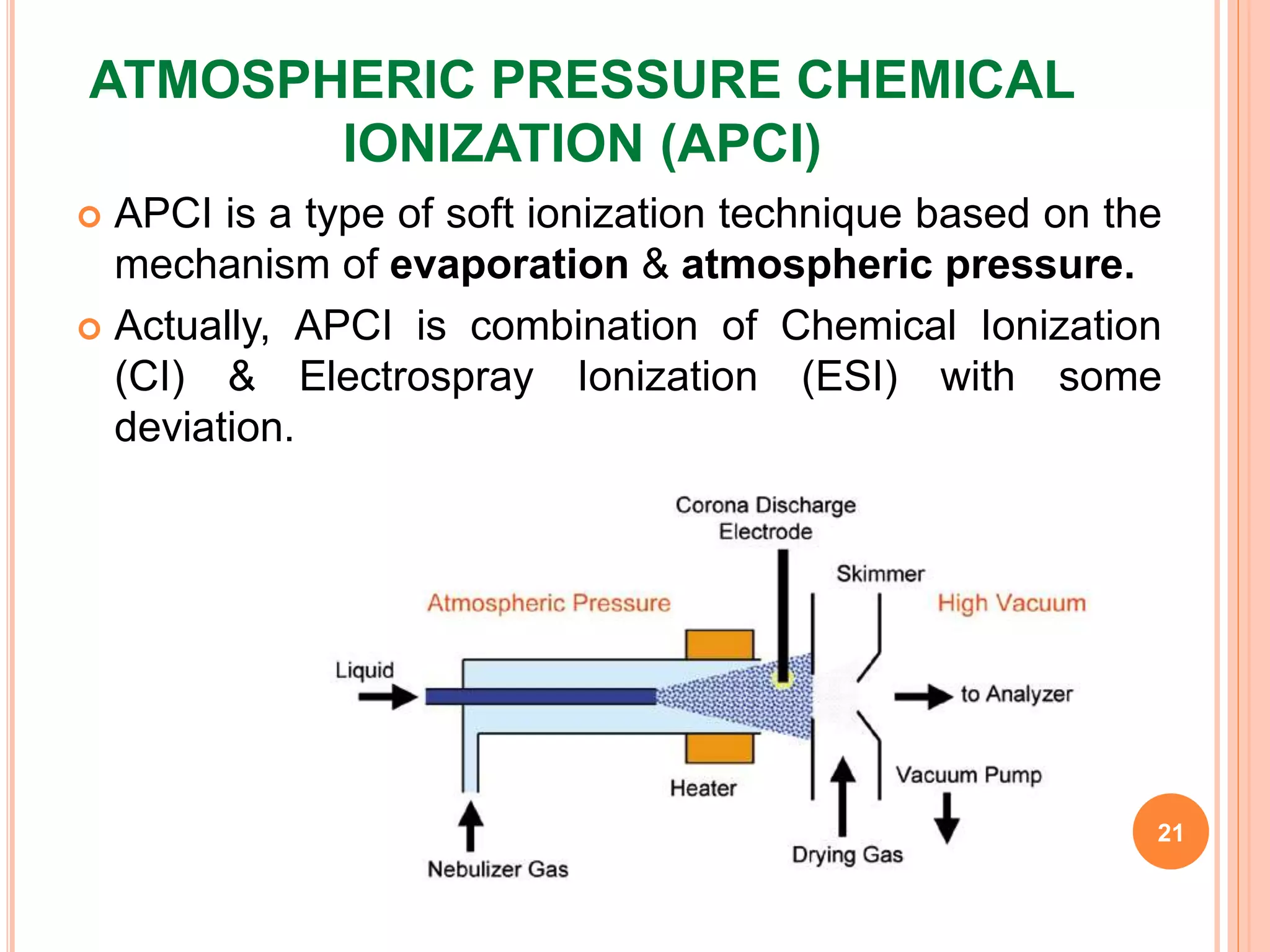 ATMOSPHERIC PRESSURE CHEMICAL
IONIZATION (APCI)
 APCI is a type of soft ionization technique based on the
mechanism of evaporation & atmospheric pressure.
 Actually, APCI is combination of Chemical Ionization
(CI) & Electrospray Ionization (ESI) with some
deviation.
21
 