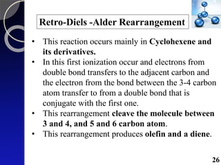 Retro-Diels -Alder Rearrangement
• This reaction occurs mainly in Cyclohexene and
its derivatives.
• In this first ionization occur and electrons from
double bond transfers to the adjacent carbon and
the electron from the bond between the 3-4 carbon
atom transfer to from a double bond that is
conjugate with the first one.
• This rearrangement cleave the molecule between
3 and 4, and 5 and 6 carbon atom.
• This rearrangement produces olefin and a diene.
26
 