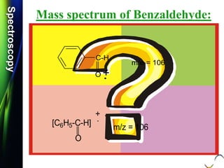 SpectroscopySpectroscopy
Mass spectrum of Benzaldehyde:
 Q.1) Calculate m/z values for each of the following:
(S-16, 2 Mark)
 Q.2) Calculate m/z values for each of the following:
(S-16 & W-17, 2 Mark)
O +
C-H
.
m/e = 106
[C6H5-C-H]
O
+
.
m/z = 106
 